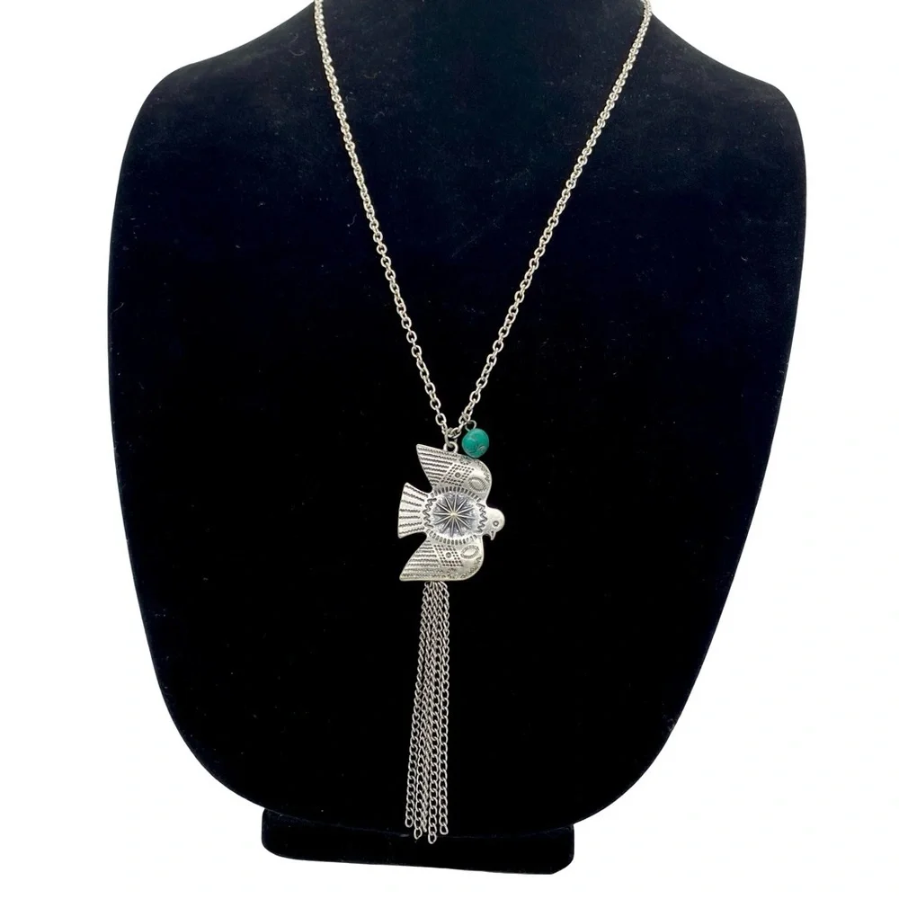 Vintage Thunderbird Phoenix Long Dangle Necklace Silver Tone Metal Turquoise